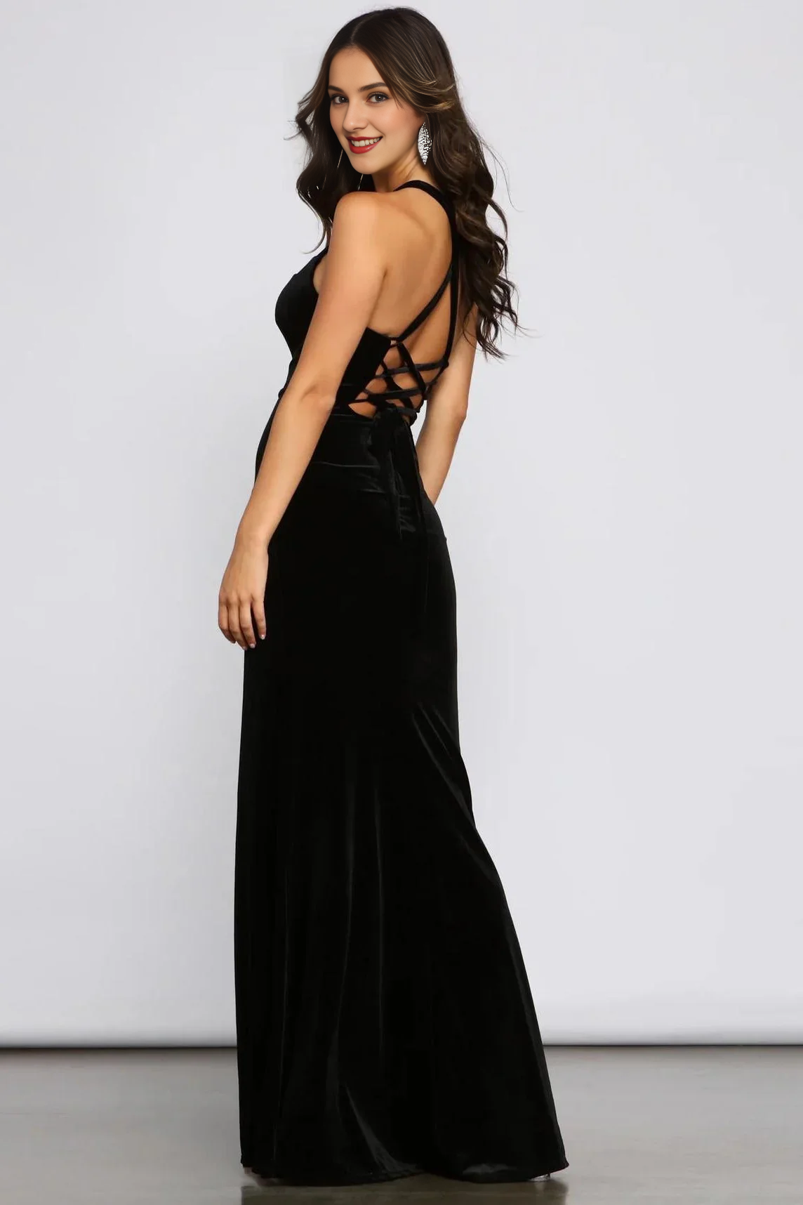 Lace-Up Back Velvet Floor Length Mermaid Square Neck Evening Dress With Slit